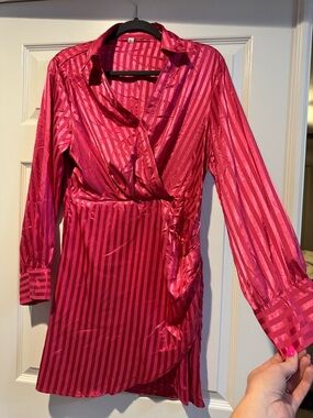 Pink Satin Striped Wrap Dress